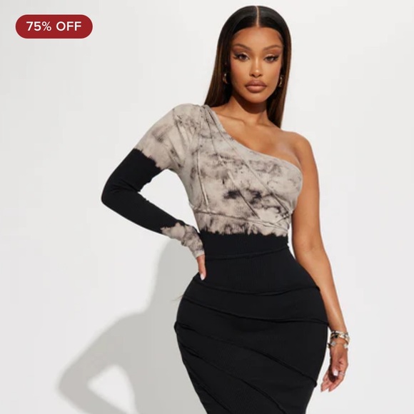 Fashion Nova Dresses & Skirts - Caught In A Tie Dye Off-Shoulder Midi Dress - Black/Gray
